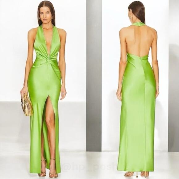 KHANUMS X Revolve Halter Gown With Slit in Pear Green Size Small - Picture 1 of 12